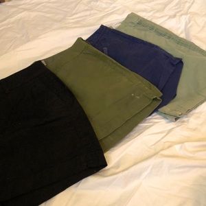 Black, olive green, navy blue, faded green cargo shorts